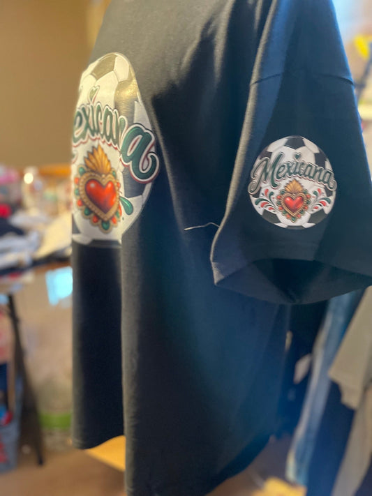 Sleeve detail of the Mexicana custom t-shirt showing the matching sleeve print