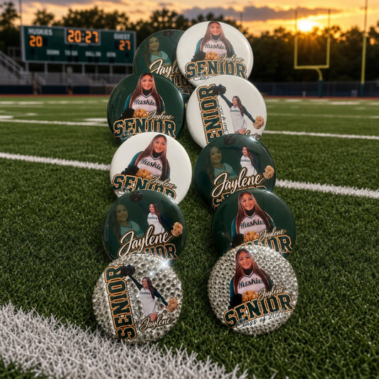 Custom photo buttons for senior night, plain and rhinestone bedazzled, shown on a football field