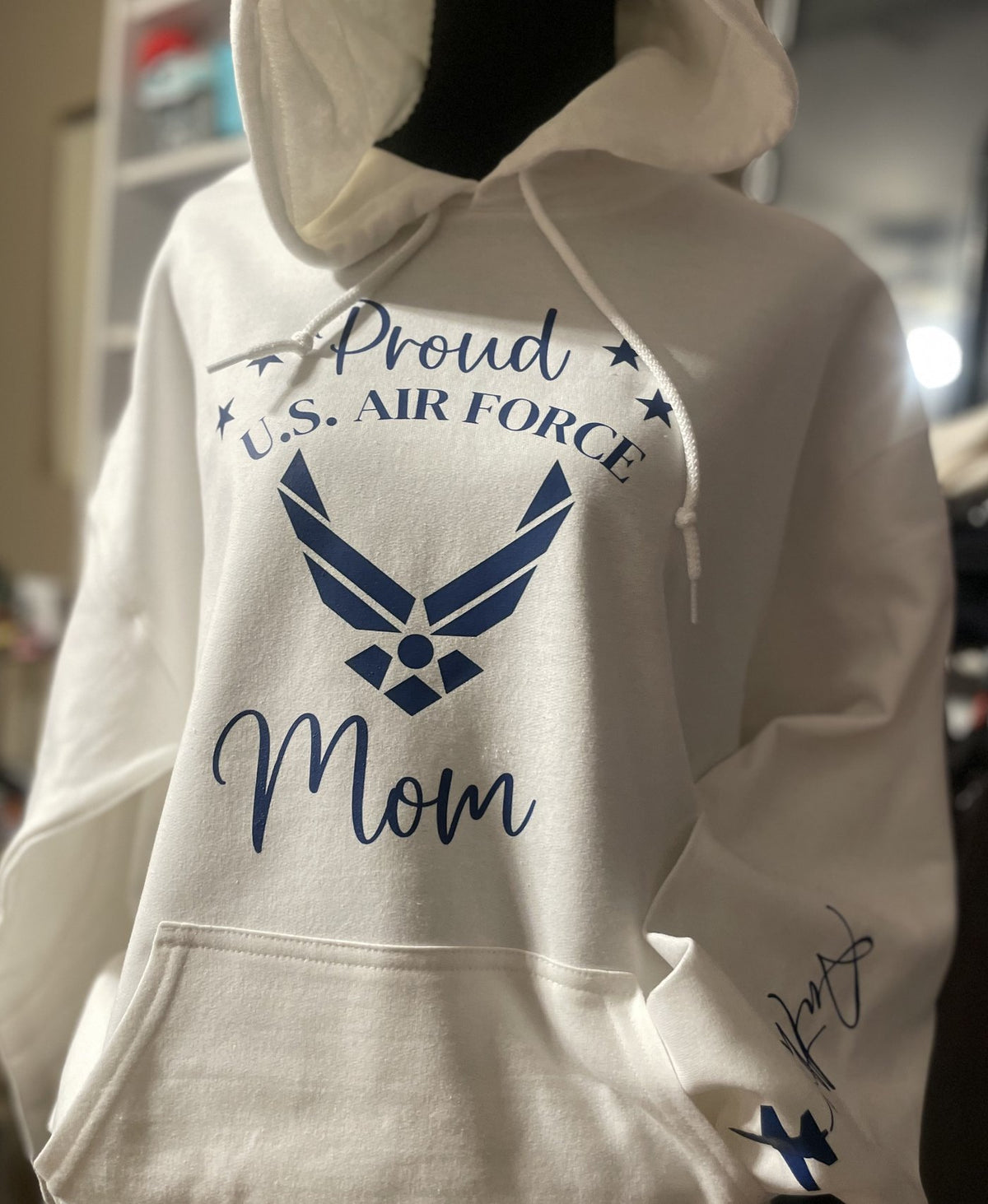 White embroidered hoodie, Proud U.S. Air Force Mom