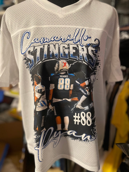 White mesh jersey front with a Camarillo Stingers photo collage and number 88