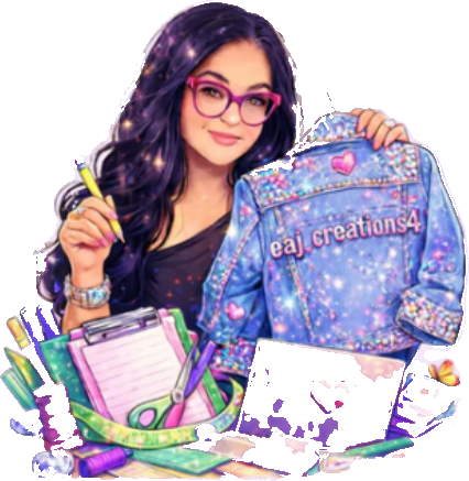 Nubia of EAJ Creations holding a bedazzled denim jacket