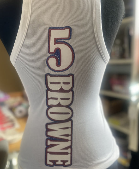 Back of white tank top with number 5 and the name Browne