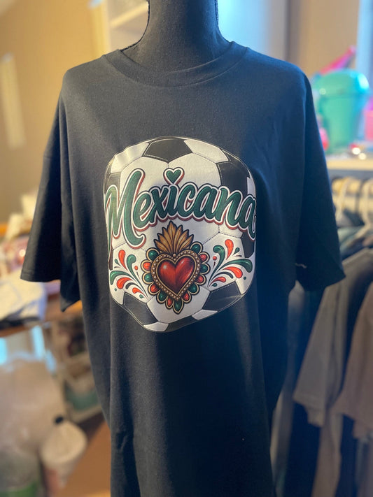 Black custom t-shirt with an original Mexicana soccer ball and sacred heart design